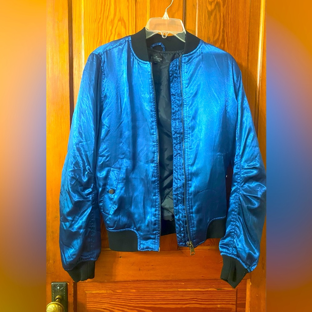 NWOT- Topshop blue satin varsity style bomber jacket size 4.